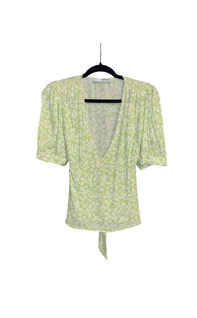 Sophie Rue Green Floral Puff Sleeve V-Neck Tie Back Blouse Size L